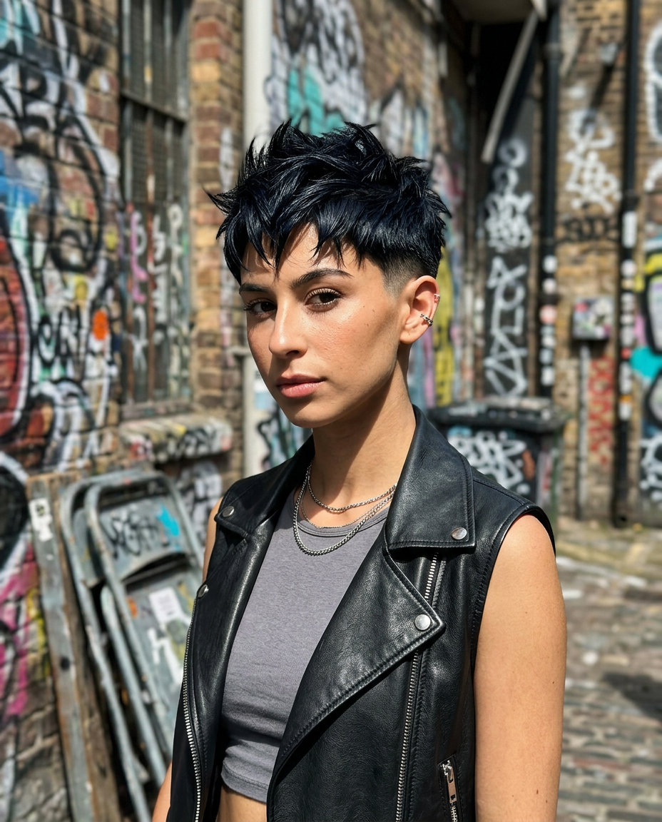 short razored pixie haircut with deep espresso color, choppy fringe for edgy festival