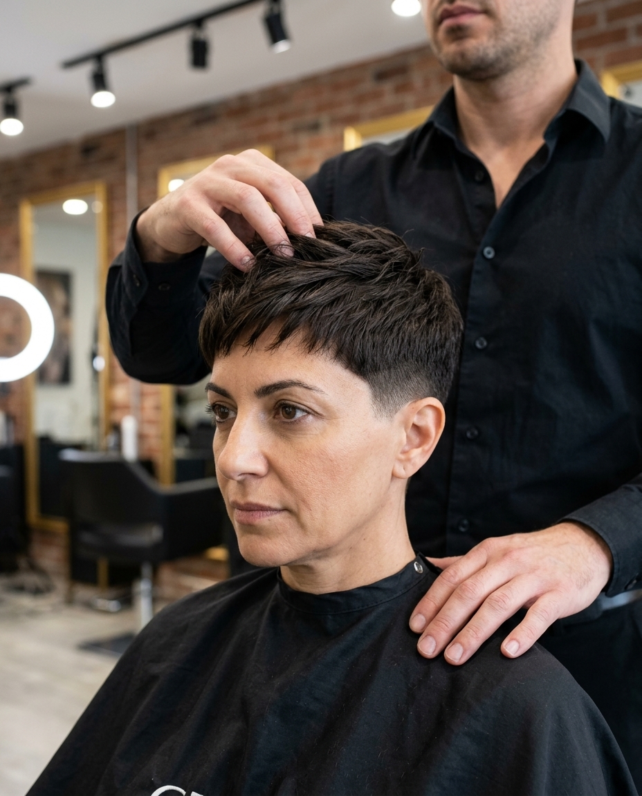 Sleek Power Crop: Bold Summer Haircut 2026 ultra-short cool espresso brunette power crop haircut with sharp lines for summer