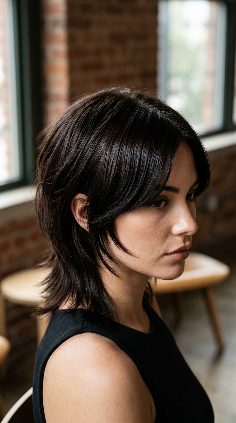Chic Espresso Wolf Cut 2026 short espresso wolf cut with cool dark brown, sculpted layers and side-swept fringe for evening