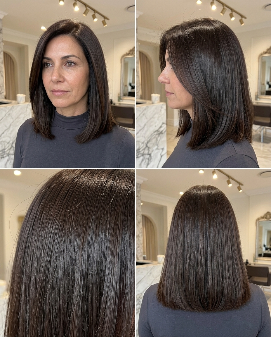 shoulder-length blunt haircut in deep espresso brunette with high-gloss finish, minimal layering — sophisticated professional look