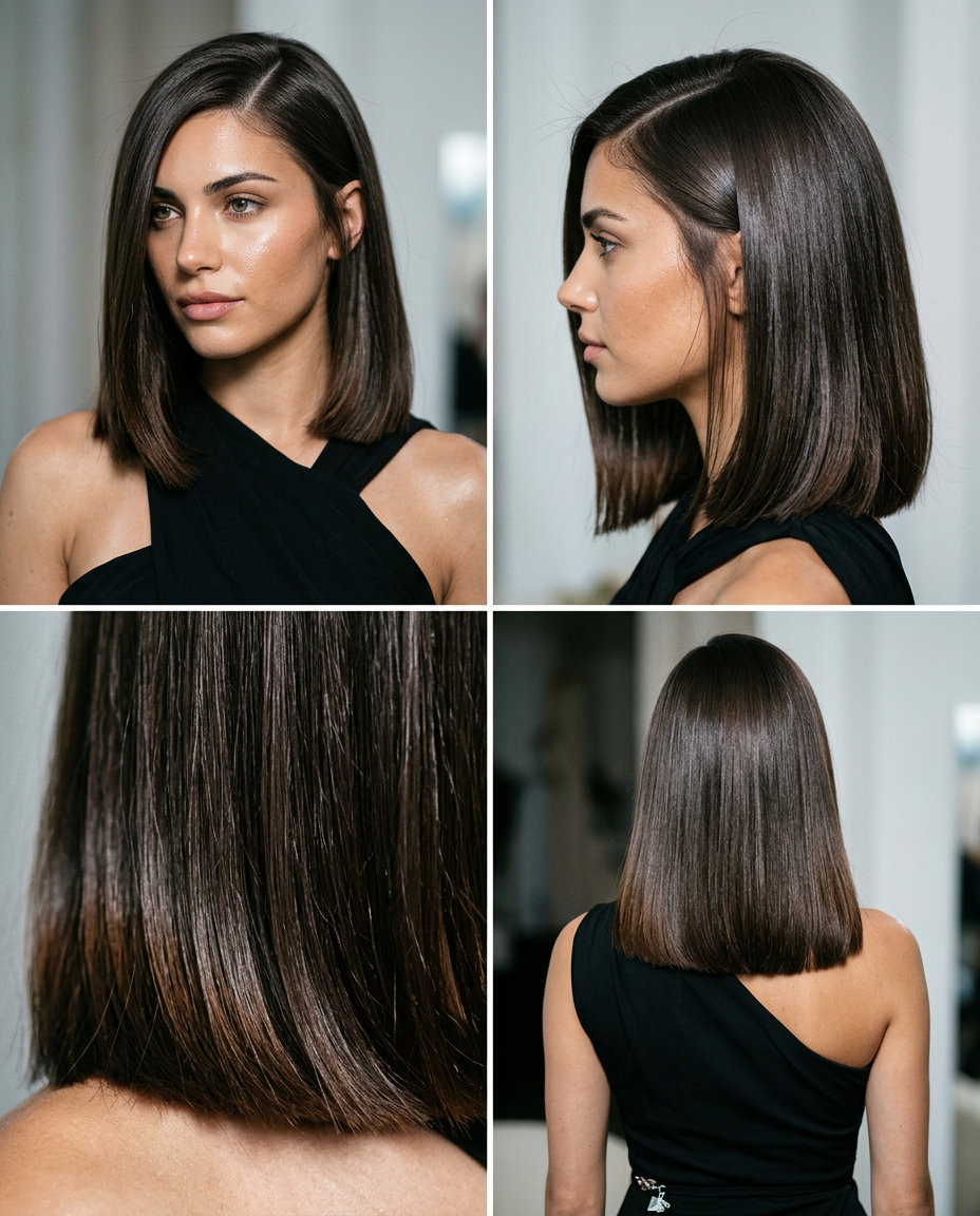 Espresso Martini Lob 2026: Sleek & Sophisticated shoulder-length blunt lob haircut in espresso martini brunette with cool undertones and clear gloss, sharp perimeter — sophisticated professional look