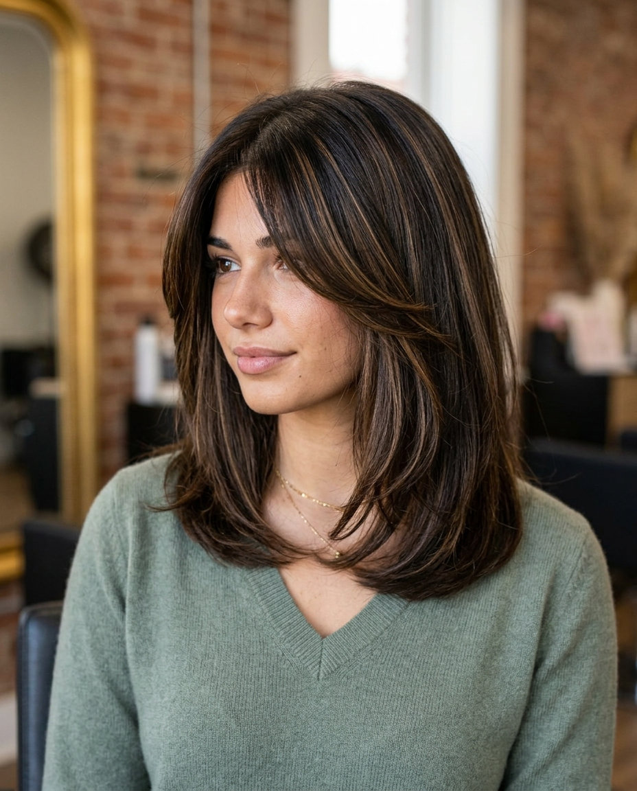 shoulder-length espresso shag with caramel babylights and bottleneck bangs for summer