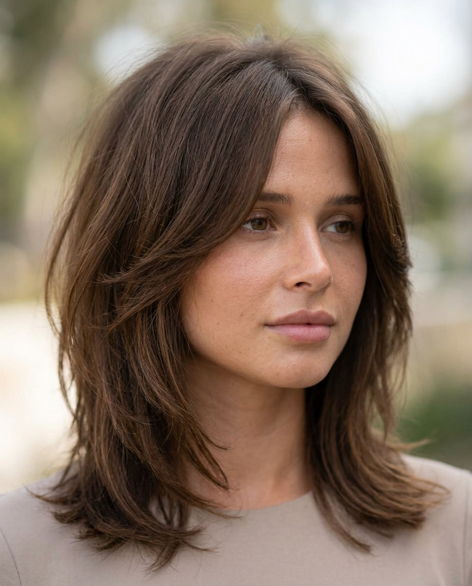 shoulder-length shag haircut in espresso brunette with mocha lowlights, internal layers, bottleneck bangs — chic summer shag 2026