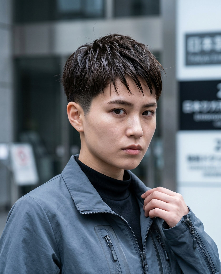 very short undercut rebel crop haircut with deep espresso, razored texture and shaved sides for summer