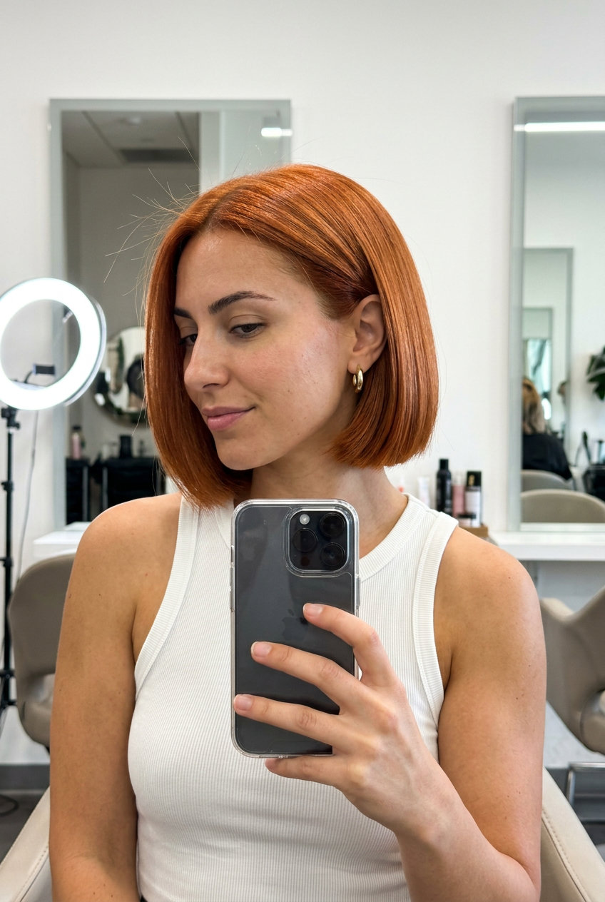 chin-length blunt bob haircut in fiery copper, minimal layering, no bangs — bold vibrant