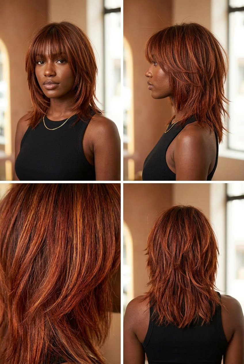 medium shag haircut in fiery red with copper-gold highlights, razored layers, heavy fringe — music festival ready