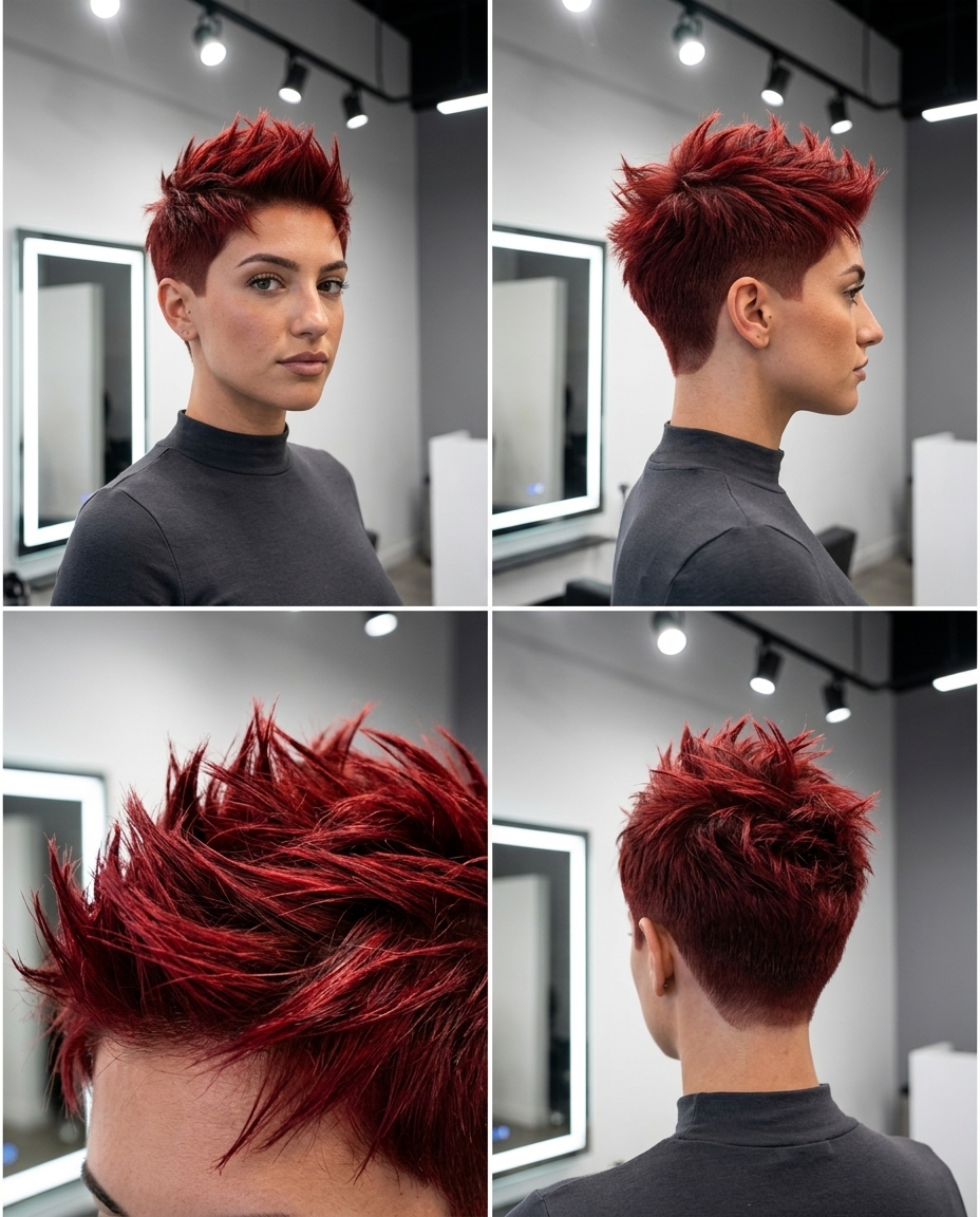 very short pixie haircut with fiery red undercut for concert