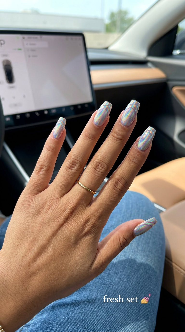 Iridescent Double French Flare nails for french manicure summer 2026. Glamorous, futuristic long flare nails with iridescent shift over nude.