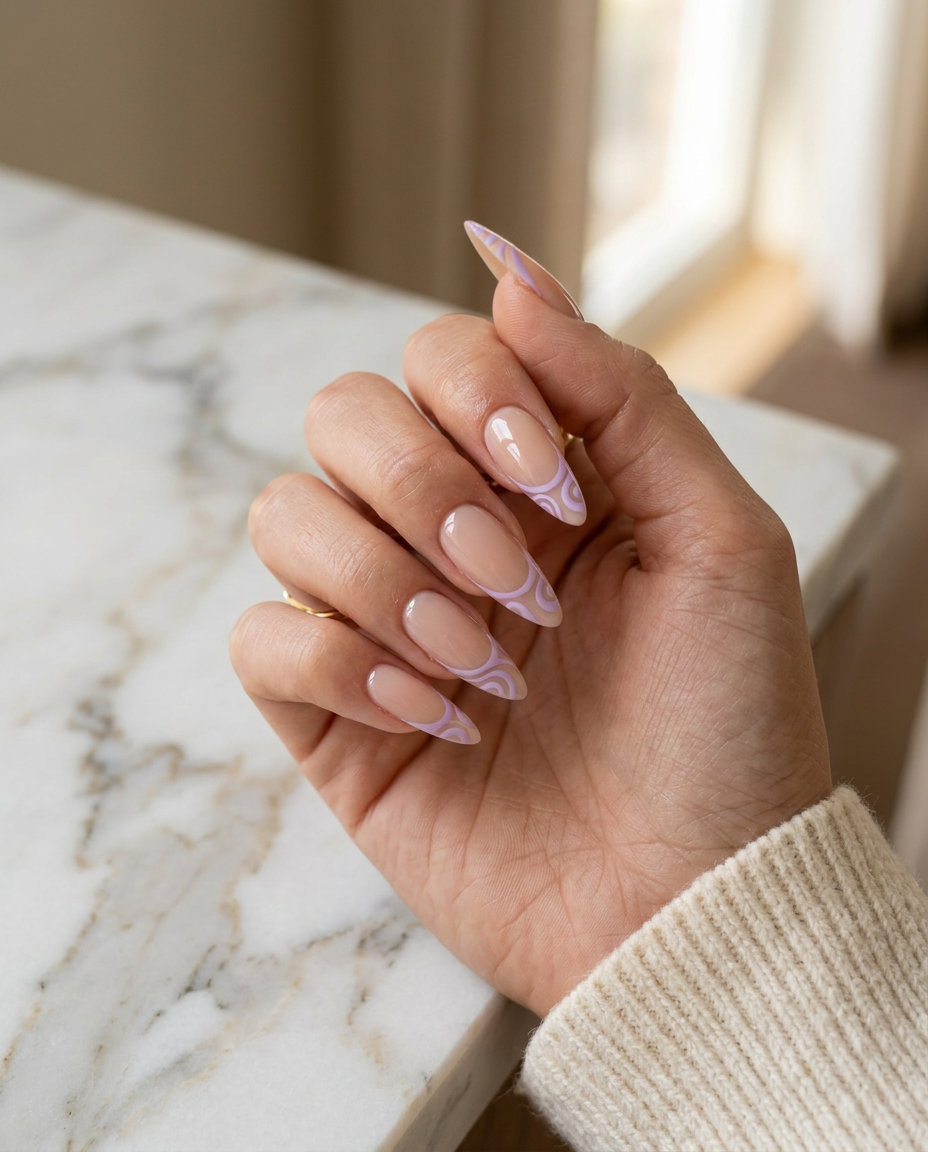 Lavender Swirl French Manicure Summer 2026 Lavender Swirl Micro French Stiletto nails for french manicure summer 2026. Whimsical extra-long stiletto nails with lavender swirls.