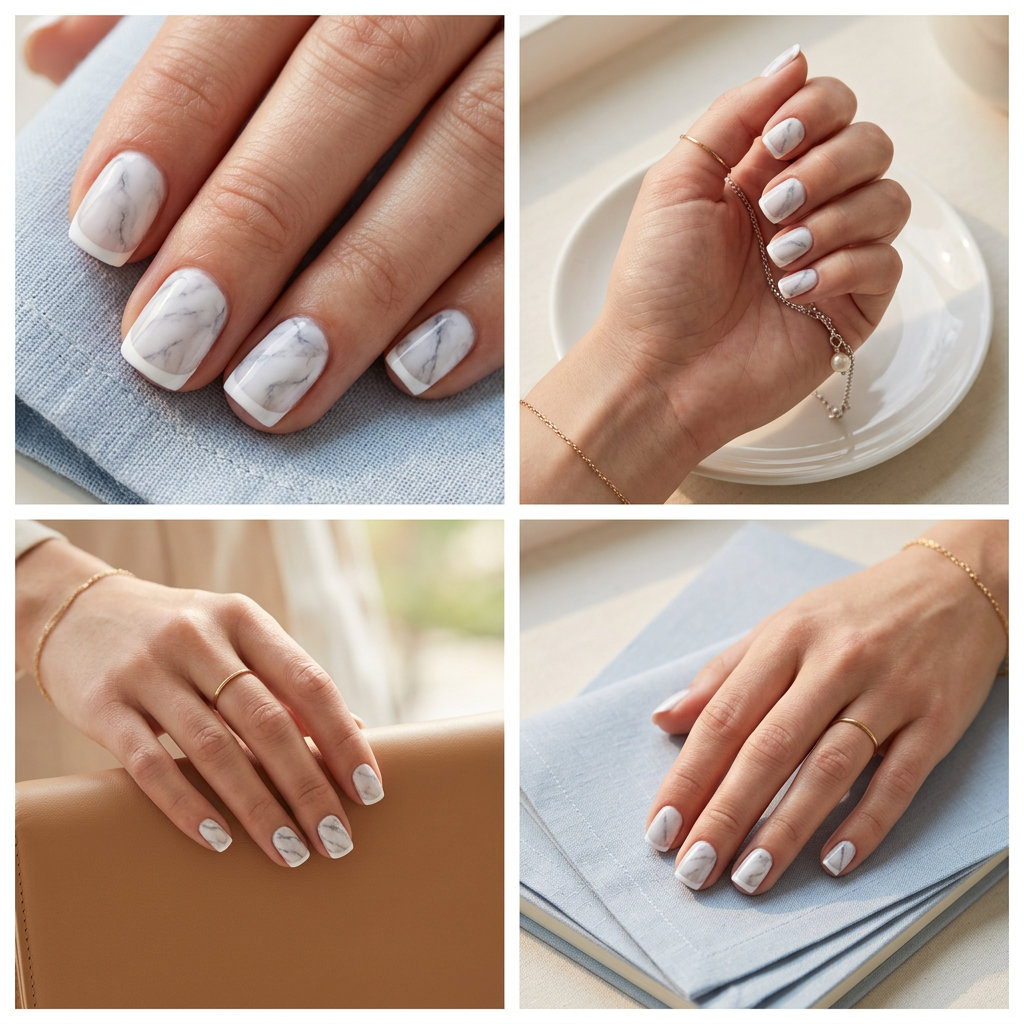 Marble French Manicure Summer 2026 Marble Effect Square French nails for french manicure summer 2026. Sophisticated short square nails with white and grey marble and crisp white tips.