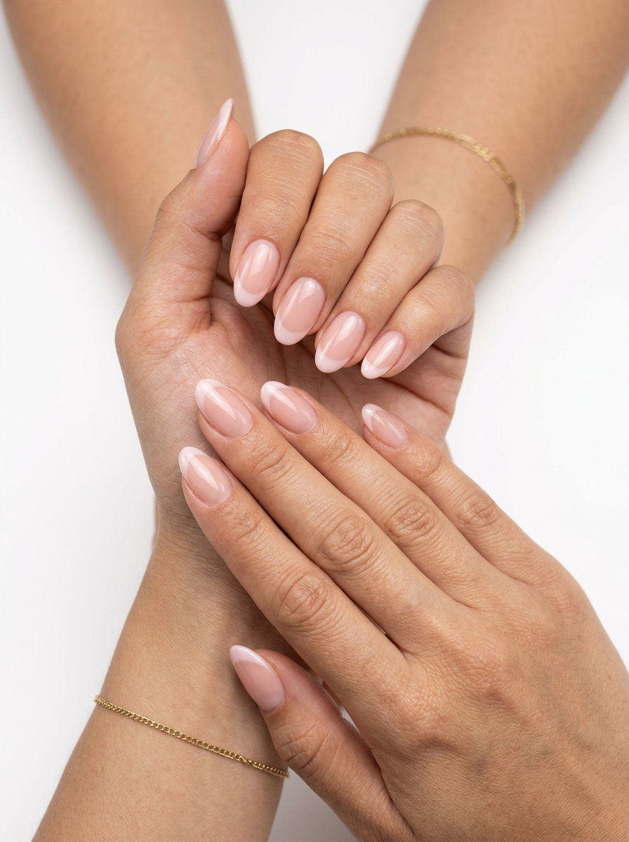Milky Pink French Manicure Summer 2026 Milky Pink French Tip Oval nails for french manicure summer 2026. Romantic medium oval nails with sheer nude base and opaque milky pink tips.