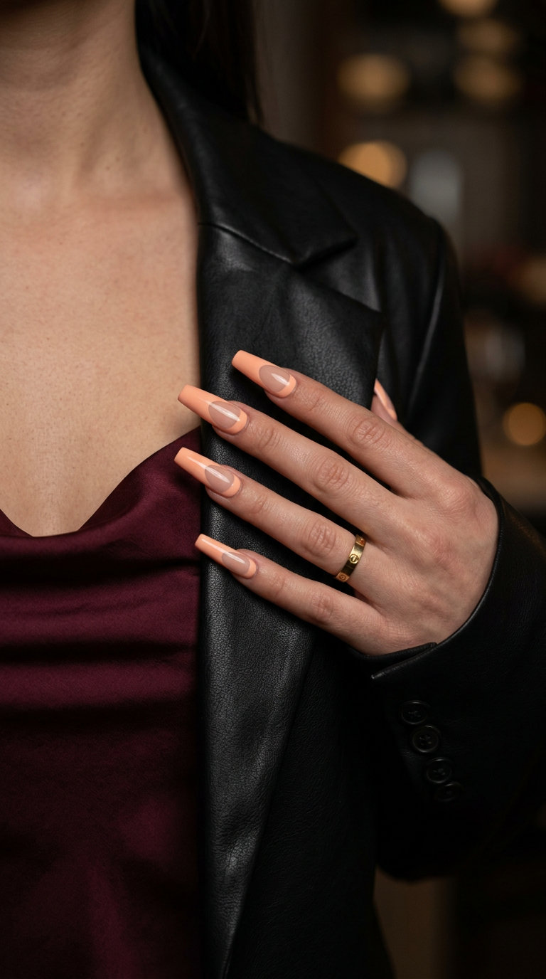 Peach Fuzz French Manicure Summer 2026 French manicure summer 2026: Peach Fuzz reverse French on coffin nails. Sultry, modern, and chic for date nights.