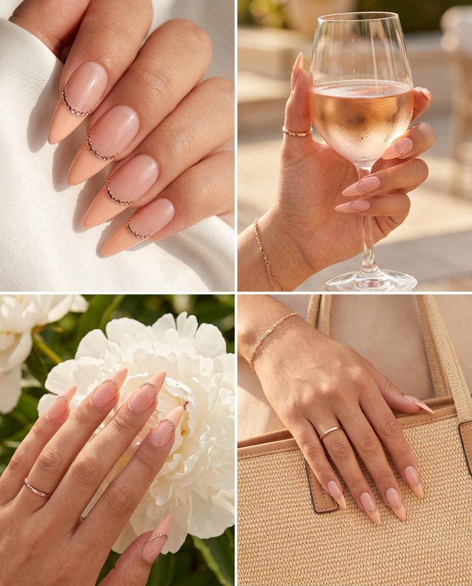 French Manicure Summer 2026: Peach Rhinestone Stilettos Glamorous Peach Fuzz rhinestone French stiletto nails for french manicure summer 2026 party or date night.