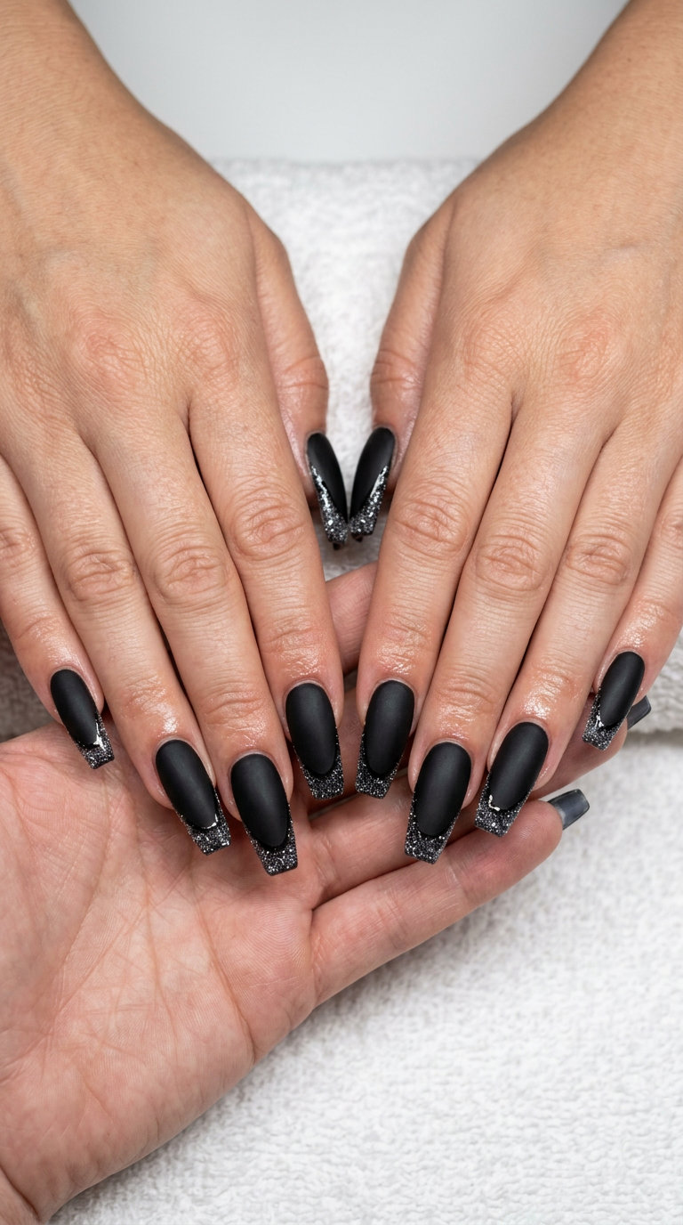 French Manicure Summer 2026: Textured Sugar Coffin Edgy textured sugar coffin French nails in matte and glossy black for french manicure summer 2026 party.