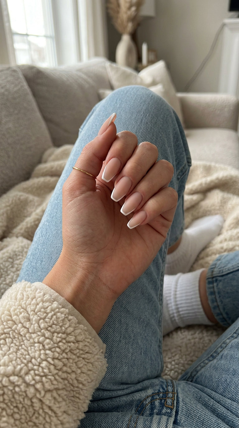 White Outline Micro French Manicure Summer 2026 White outline micro French manicure summer 2026 on coffin nails for a minimalist, modern look.