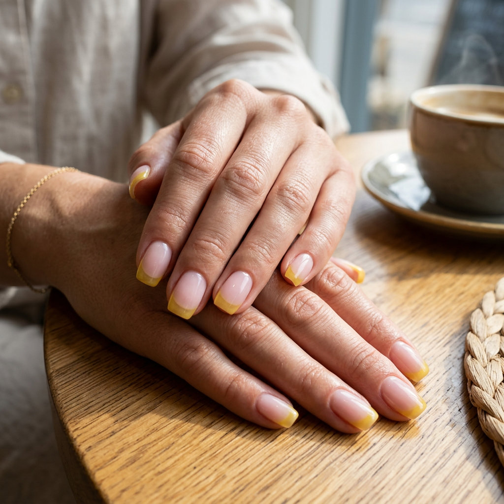 Soft Yellow Jelly French Manicure Summer 2026 Soft yellow jelly French manicure summer 2026 on squoval nails for a sunny, playful look.