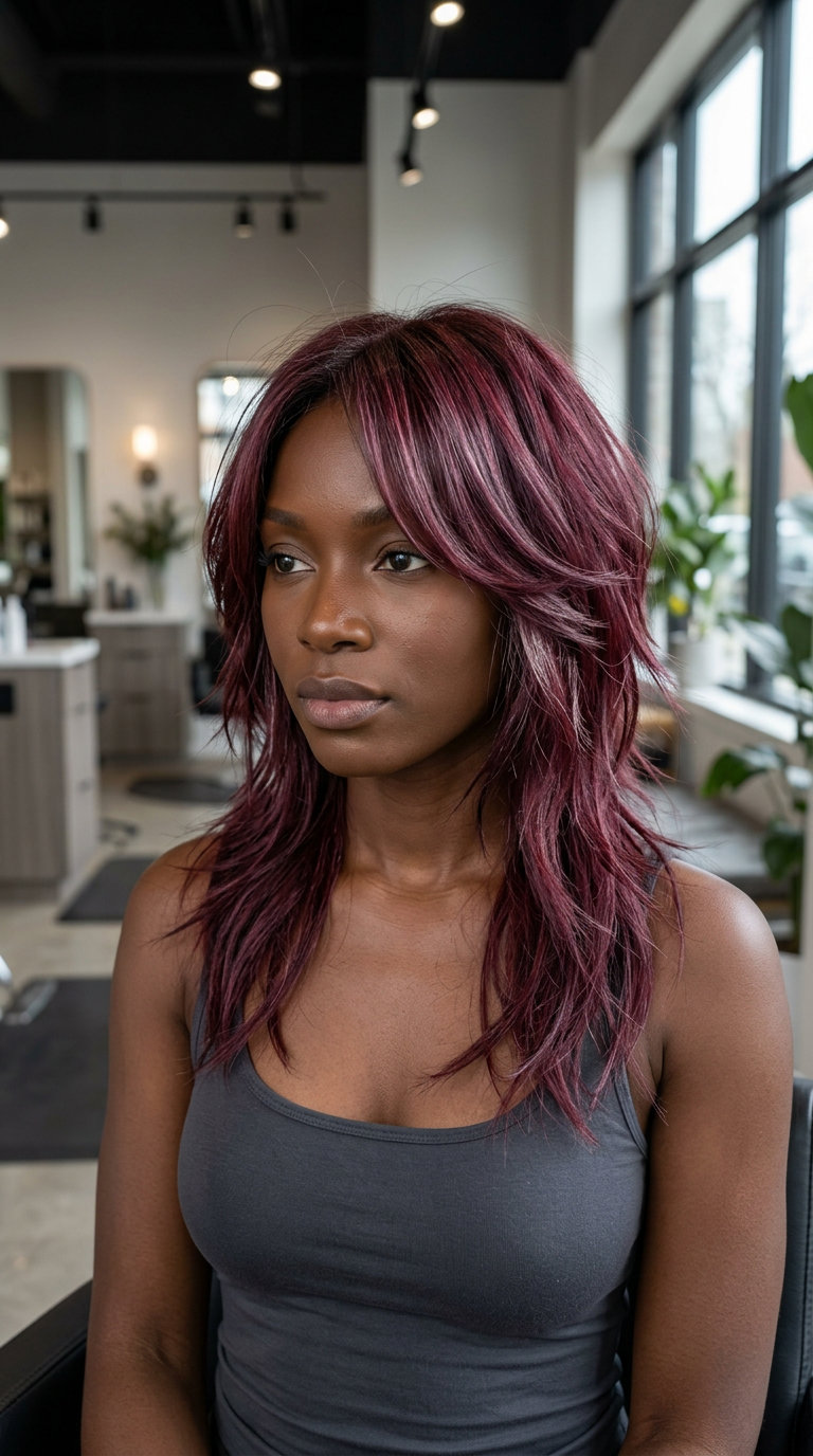 long frosted cranberry shag haircut with choppy layers, no fringe — bold summer look