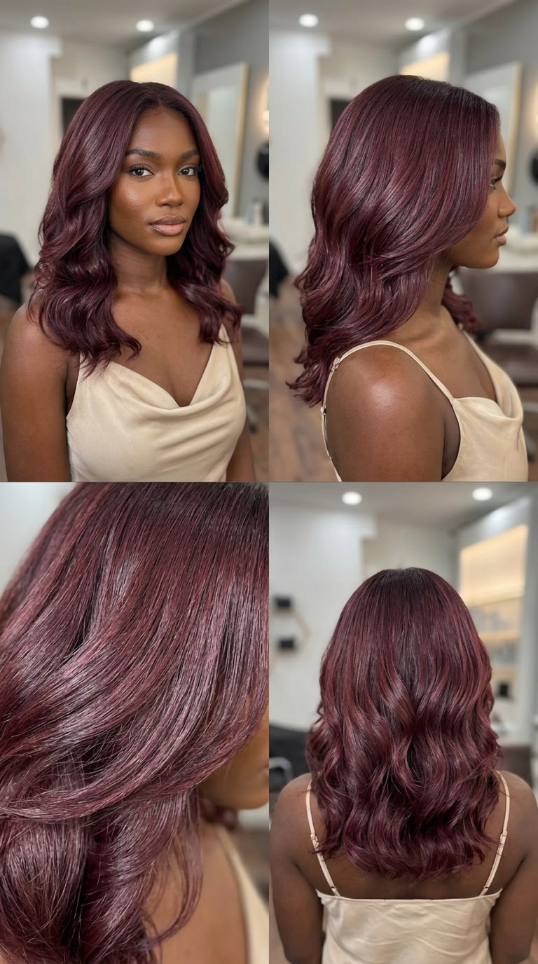 long frosted cranberry waves with silvery violet sheen and U-cut back for summer