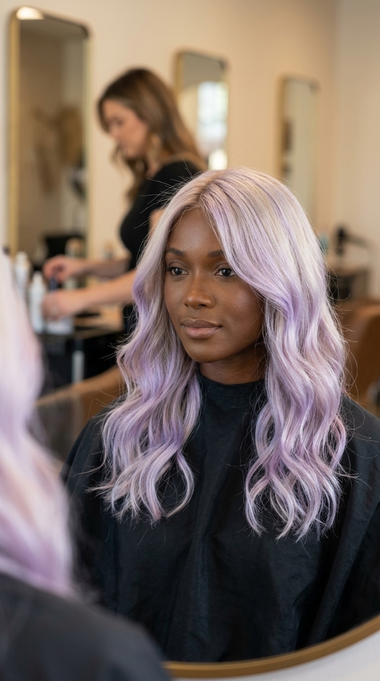 long frosted lavender balayage with pearlescent white, cool lilac, seamless melt — romantic ethereal playful