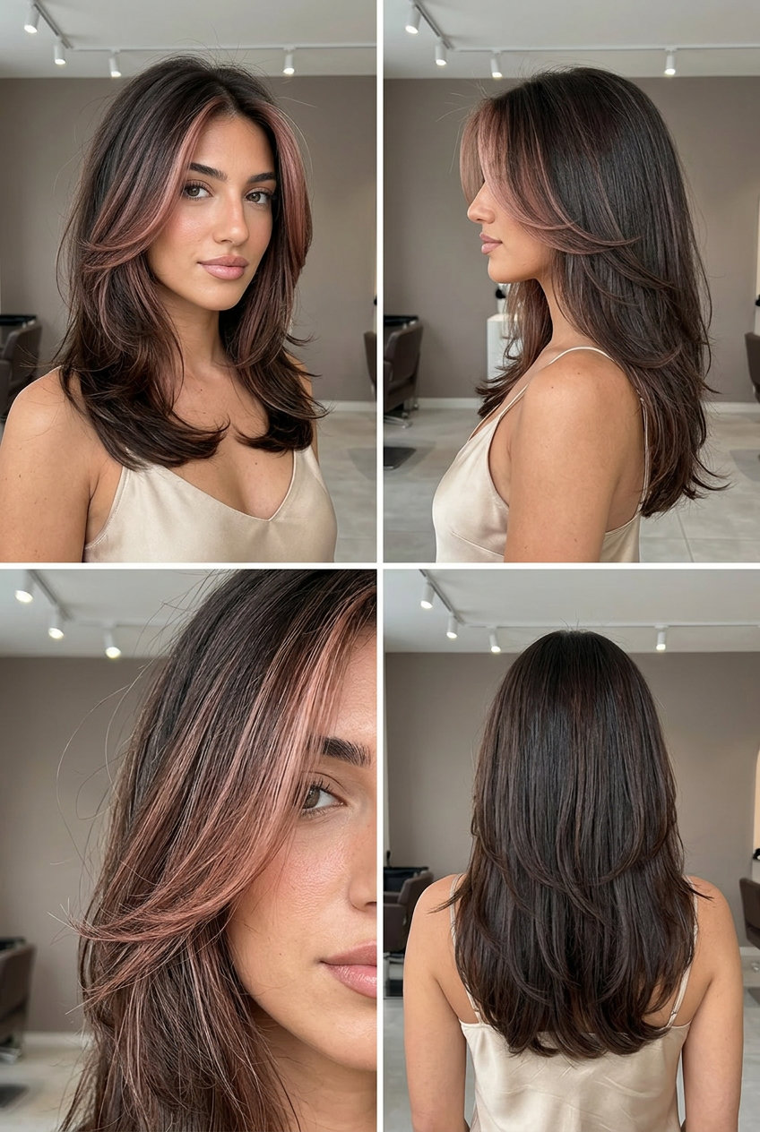 long flowing layered rose brunette with frosted strawberry money piece, soft U-shape back — playful, bold