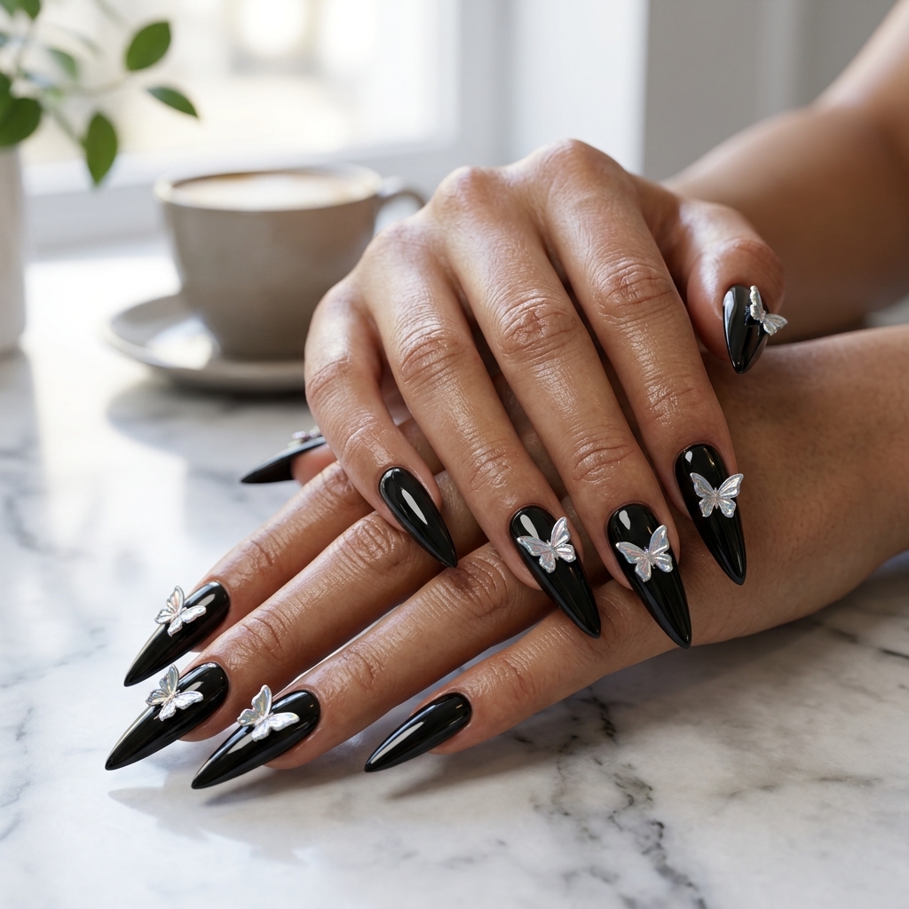 Chrome Butterfly Stiletto Nails 2026 3D chrome butterfly stilettos for parties and festivals. Fun summer nails 2026.