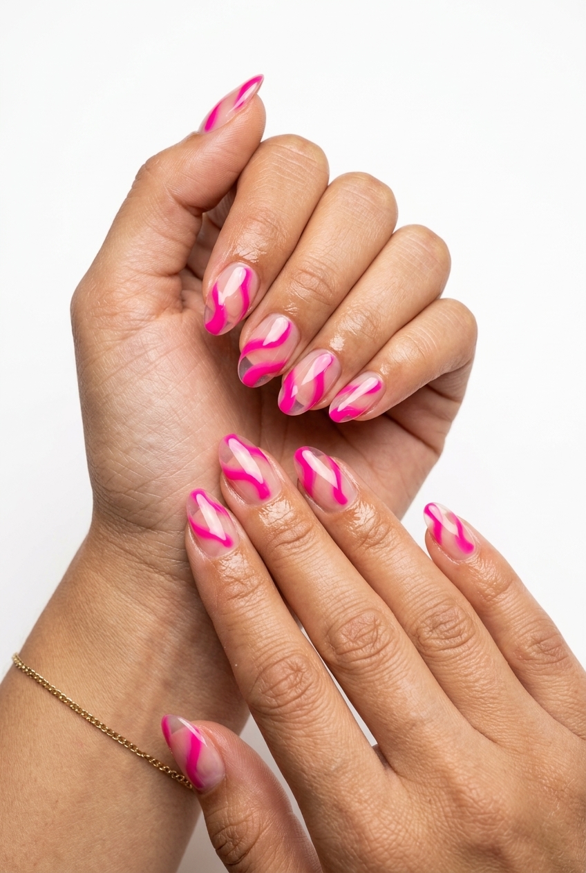 Hot Pink Abstract Swirl Nails 2026 Hot pink abstract swirl nails for festivals and casual outings. Fun summer nails 2026.