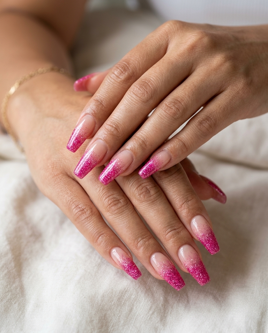 Hot Pink Glitter Ombre Nails 2026 | Party Glam Hot Pink Glitter Ombre nails for fun summer nails 2026. Glamorous pink glitter on a nude base.