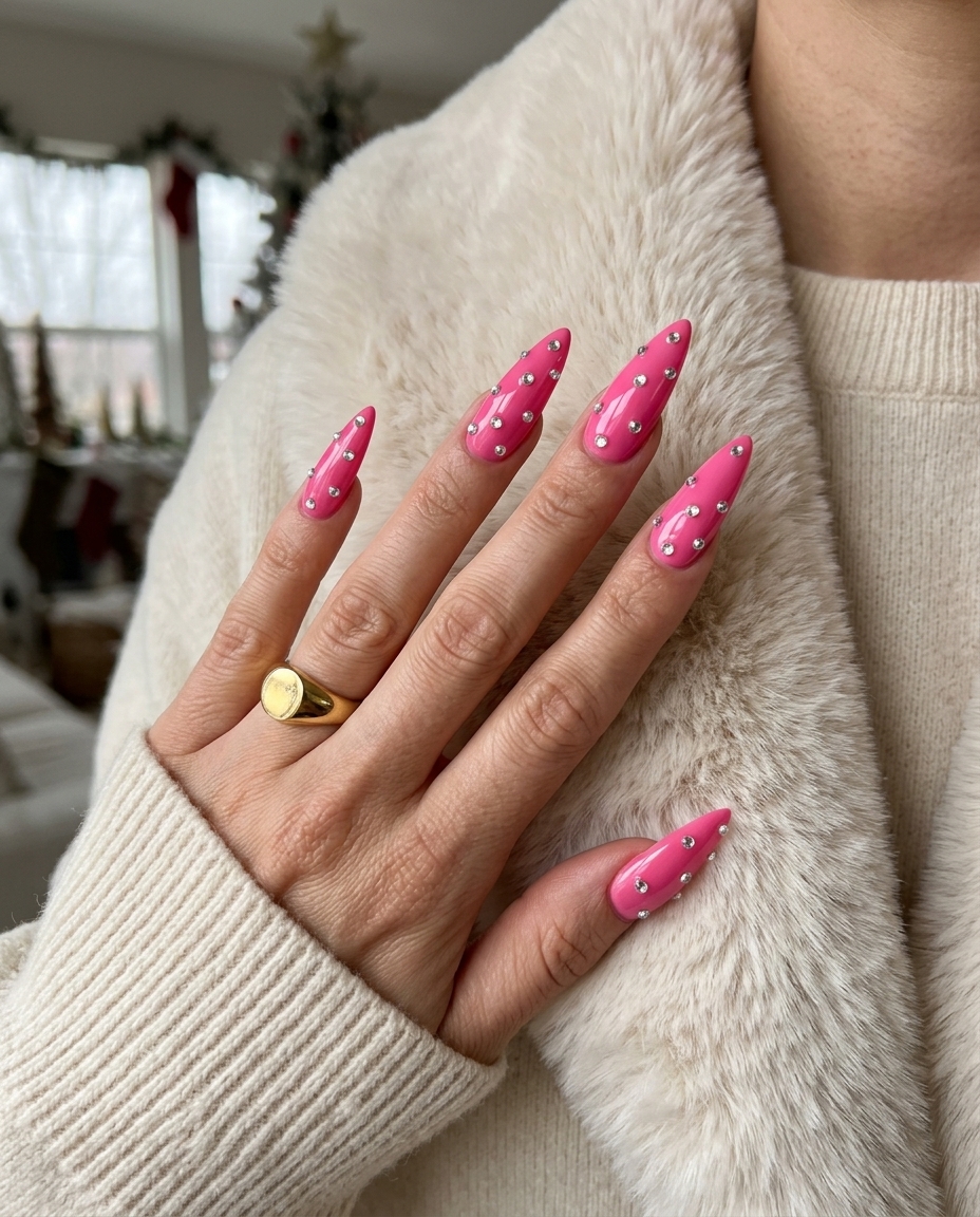 Hot Pink Sparkle Stiletto Nails 2026 Hot pink sparkle stiletto nails for parties and glamorous events. Fun summer nails 2026.