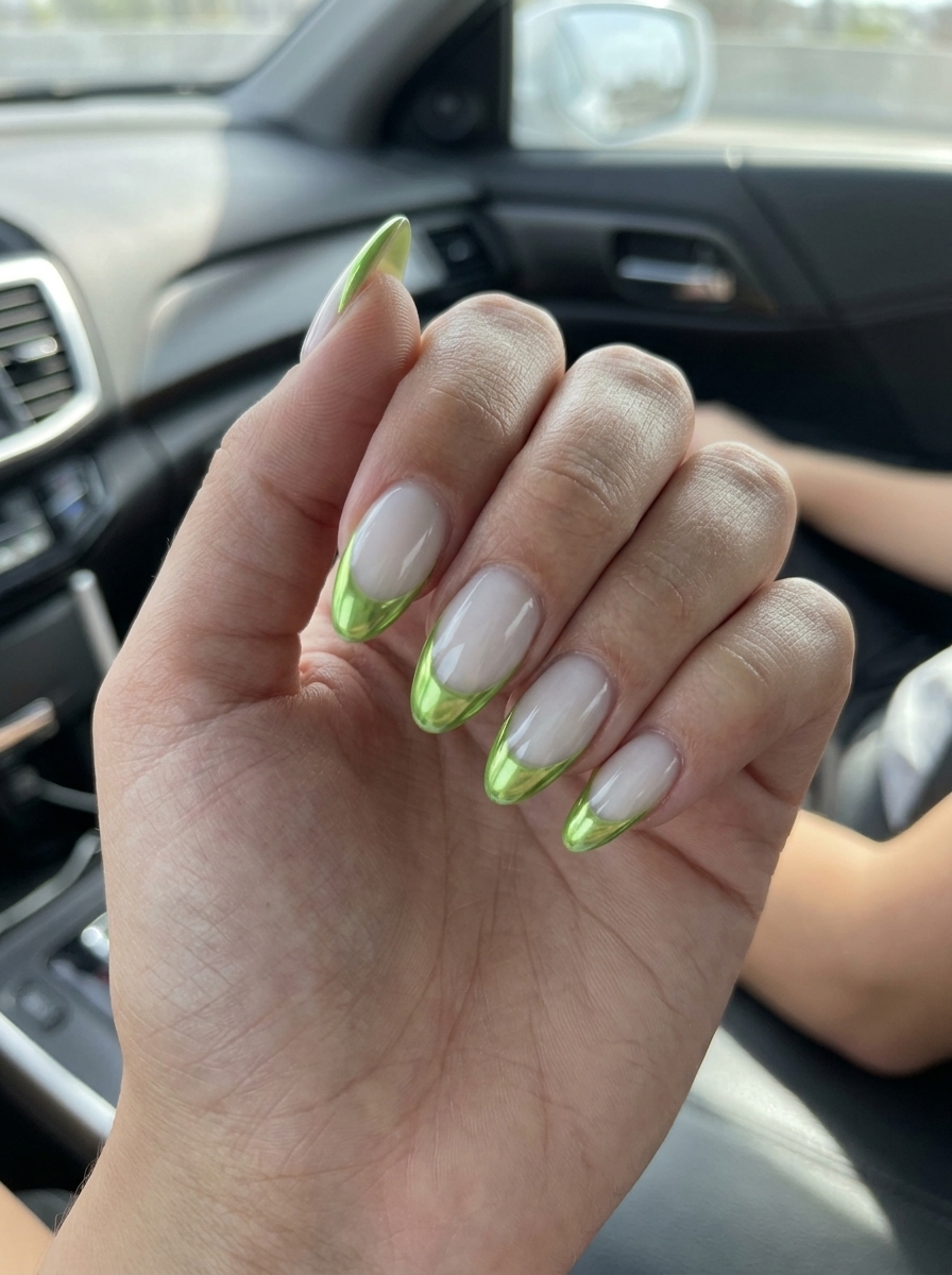 Lime Green Chrome French Tips 2026 | Futuristic Festival Bold Lime Green Chrome French Tip Almond nails for festivals and parties. Fun summer nails 2026.