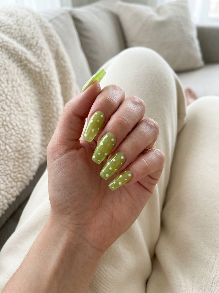 Lime Green Dot Coffin Nails 2026 | Festival Fun Playful Jelly Lime Green Dot Coffin nails for summer vacation and festivals. Fun summer nails 2026.
