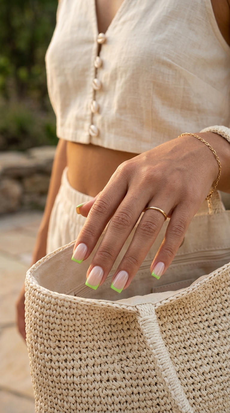 Lime Micro French Nails 2026 | Casual Summer Style Clean-girl Zesty Lime Micro French nails for daily casual summer wear. Fun summer nails 2026.