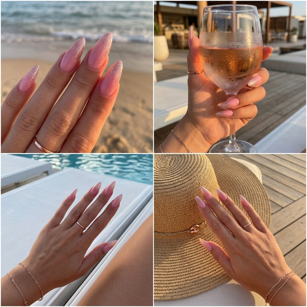 Peach Fuzz Glitter Nails 2026 | Wedding Guest Glam Romantic Peach Fuzz Glitter Gradient Stiletto nails for wedding guest or date night. Fun summer nails 2026.