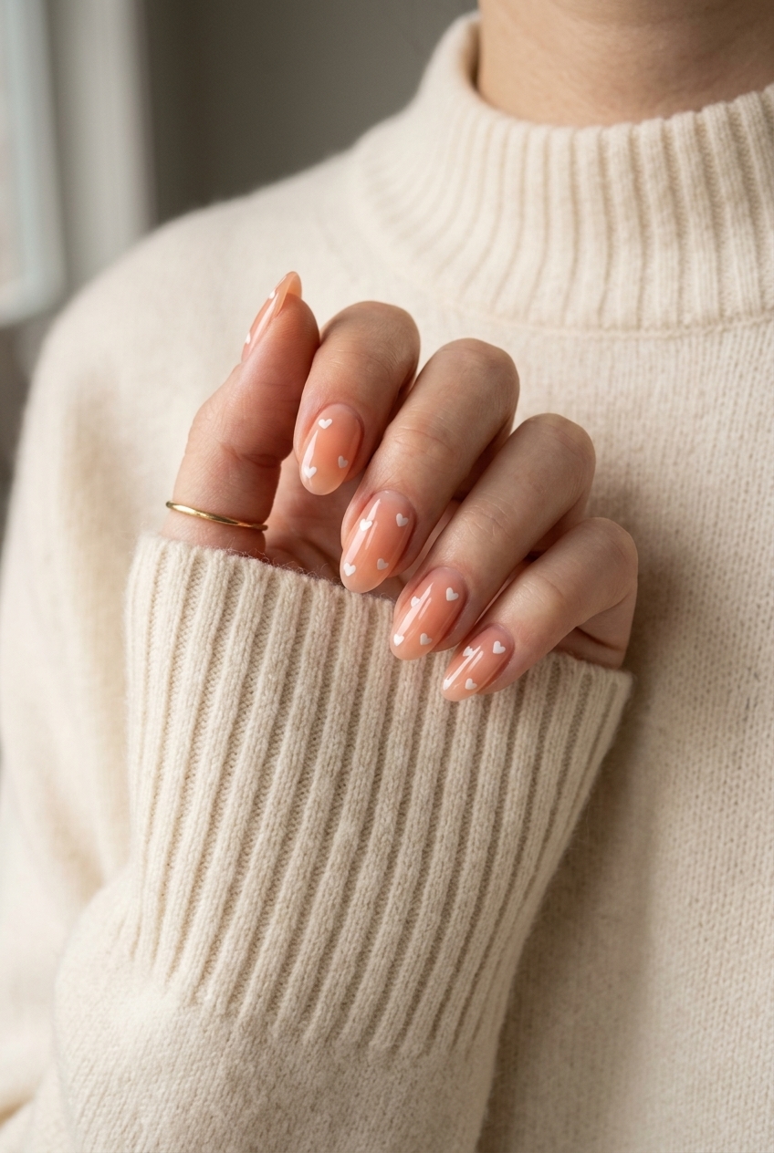 Peach Jelly Heart Nails 2026 Sweetheart peach jelly nails with white hearts for date nights. Fun summer nails 2026.