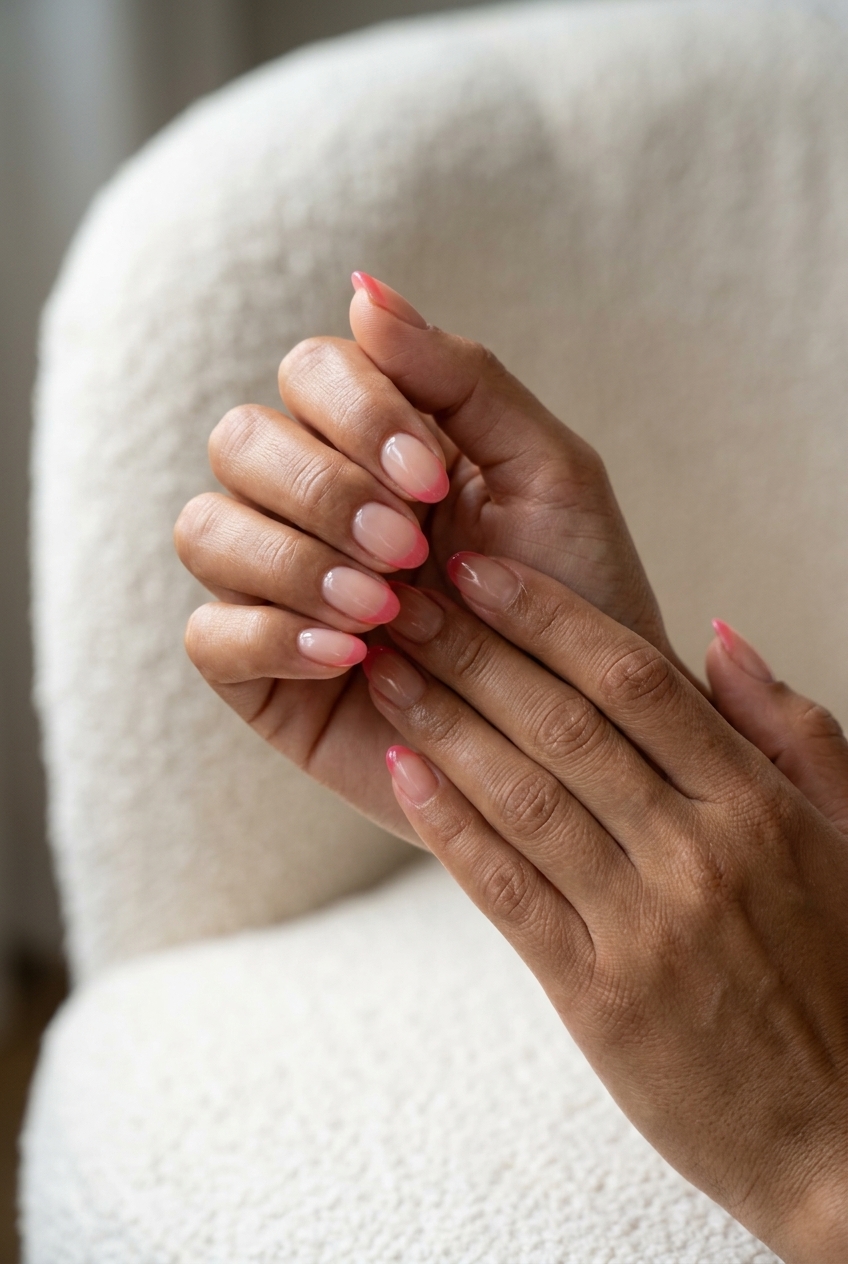 Sheer Watermelon French Nails 2026 | Summer Vacation Style Sheer Watermelon French nails for fun summer nails 2026. Juicy pink tips on a sheer base for vacation.