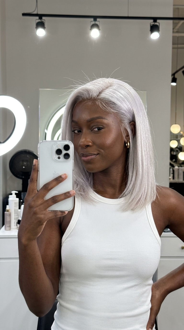 medium glass ice platinum bob with violet undertones, solid opaque finish — glamorous bold luxurious