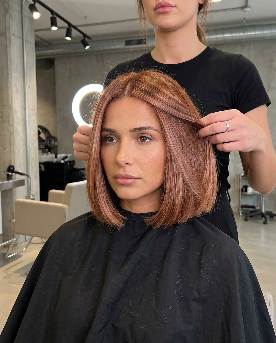 chin-length blunt bob in golden auburn with rose gold aura highlights for radiant formal events