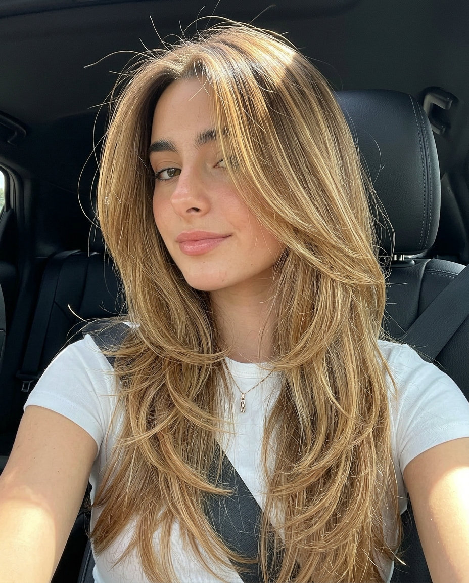long haircut in golden blonde balayage with caramel tones, diffused layers and subtle face-framing — bohemian
