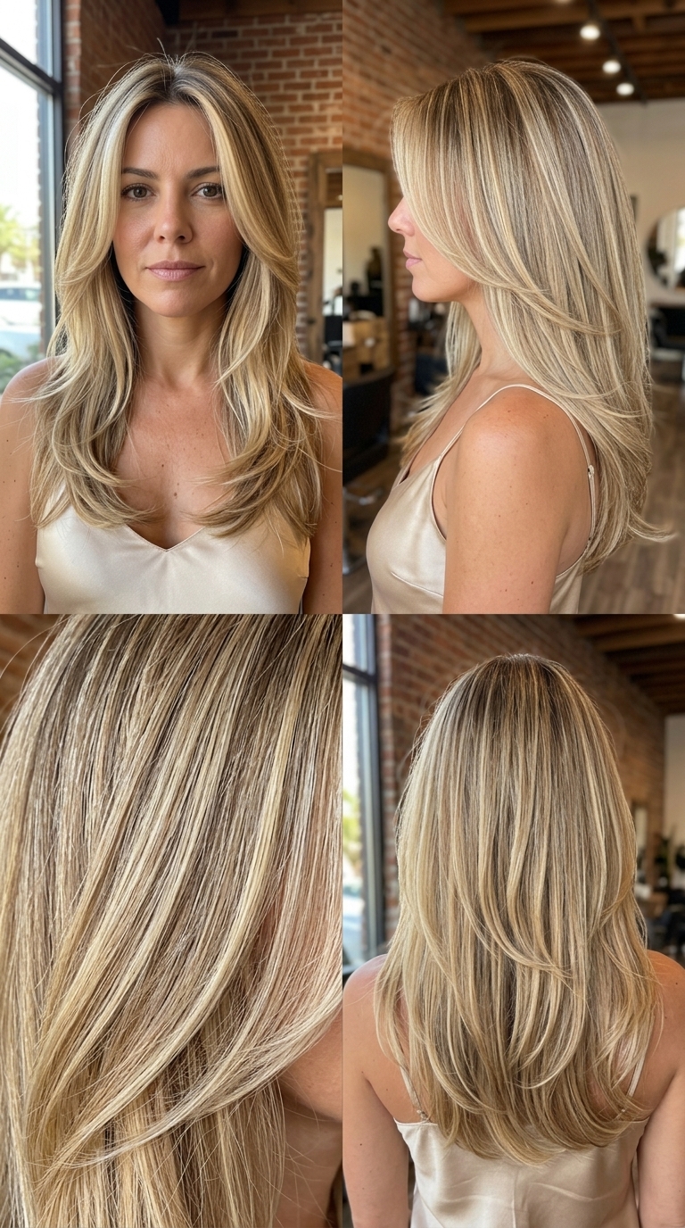 Lived-In Long Layers: Natural Summer Hair 2026 long golden blonde haircut with sandy beige babylights and face-framing layers for summer