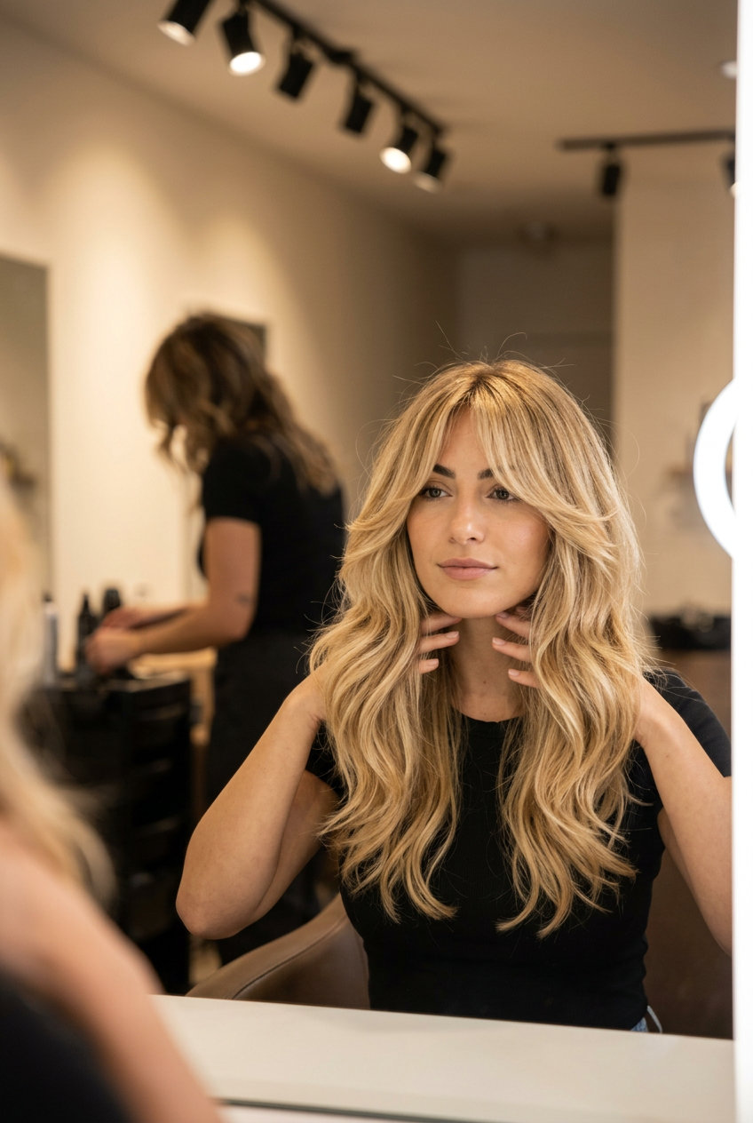 long shag haircut in golden blonde with honey balayage, curtain bangs, sweeping layers — glamorous shag 2026