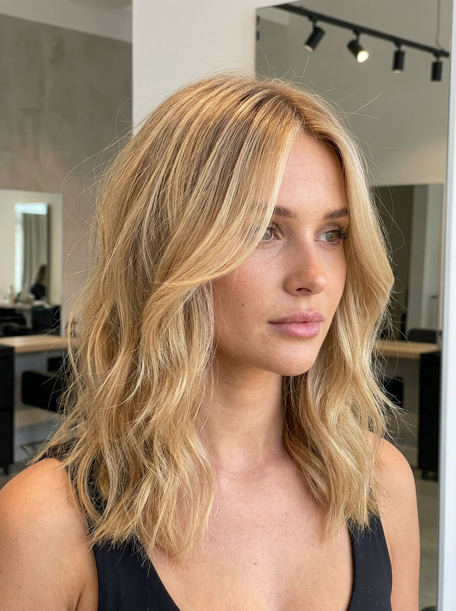 medium textured lob haircut with golden blonde color, babylights, no bangs — radiant style