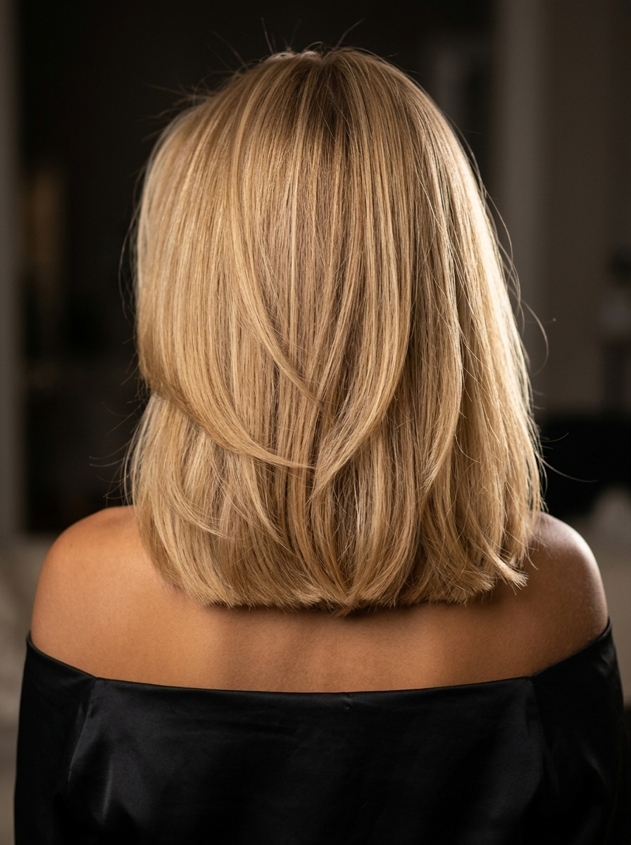medium lob haircut in golden blonde with honey highlights, root smudge, face-framing pieces — retro and glamorous