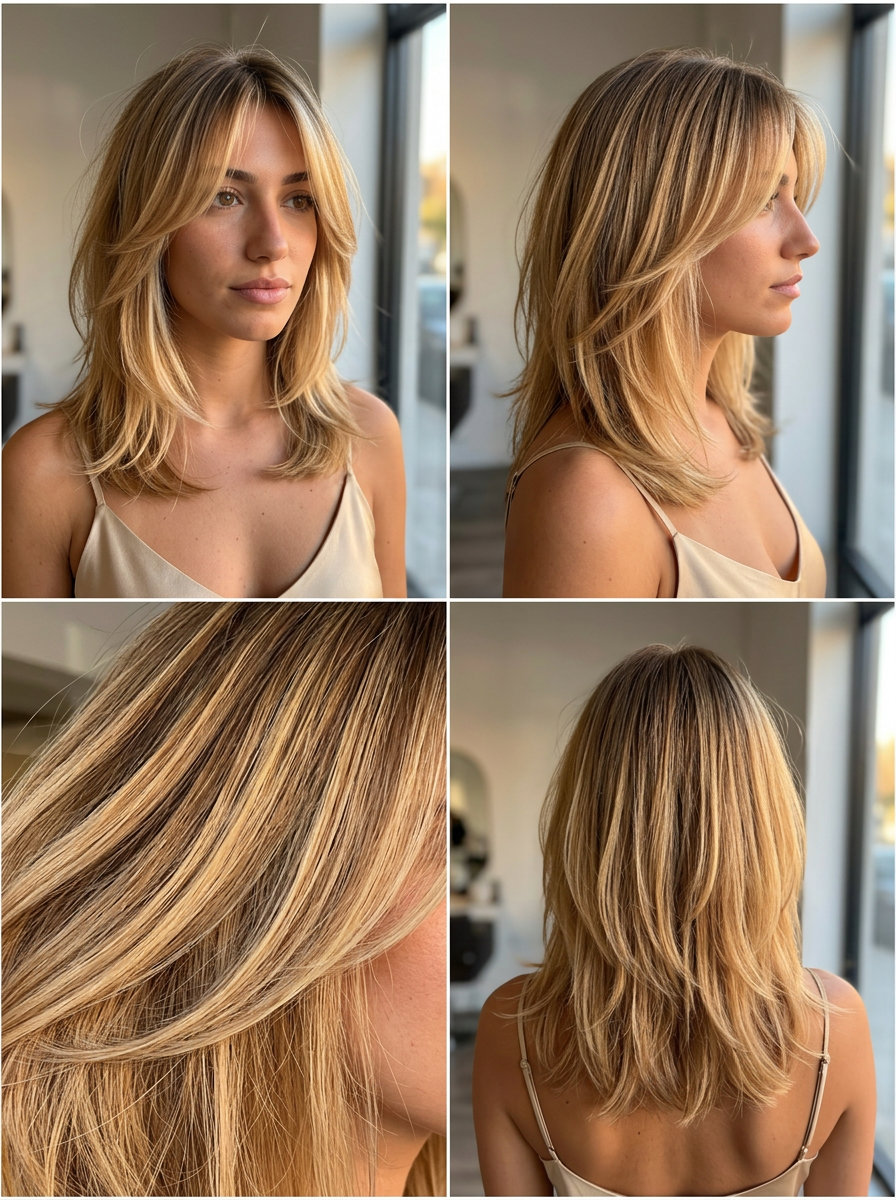 medium layered haircut in warm golden blonde balayage with natural root, textured curtain bangs, no bangs — playful boho style