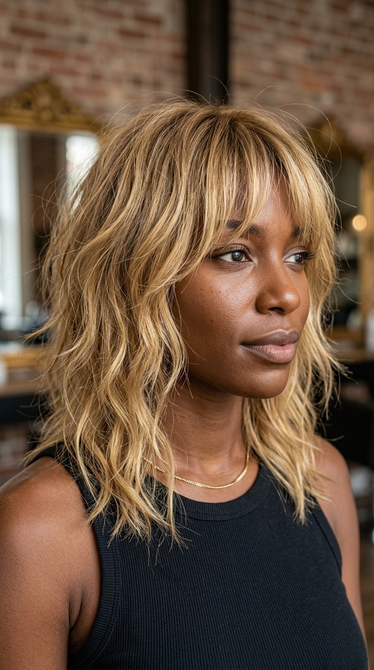 medium wolf cut with golden blonde hair, honey babylights, and feathered wispy bangs for summer 2026