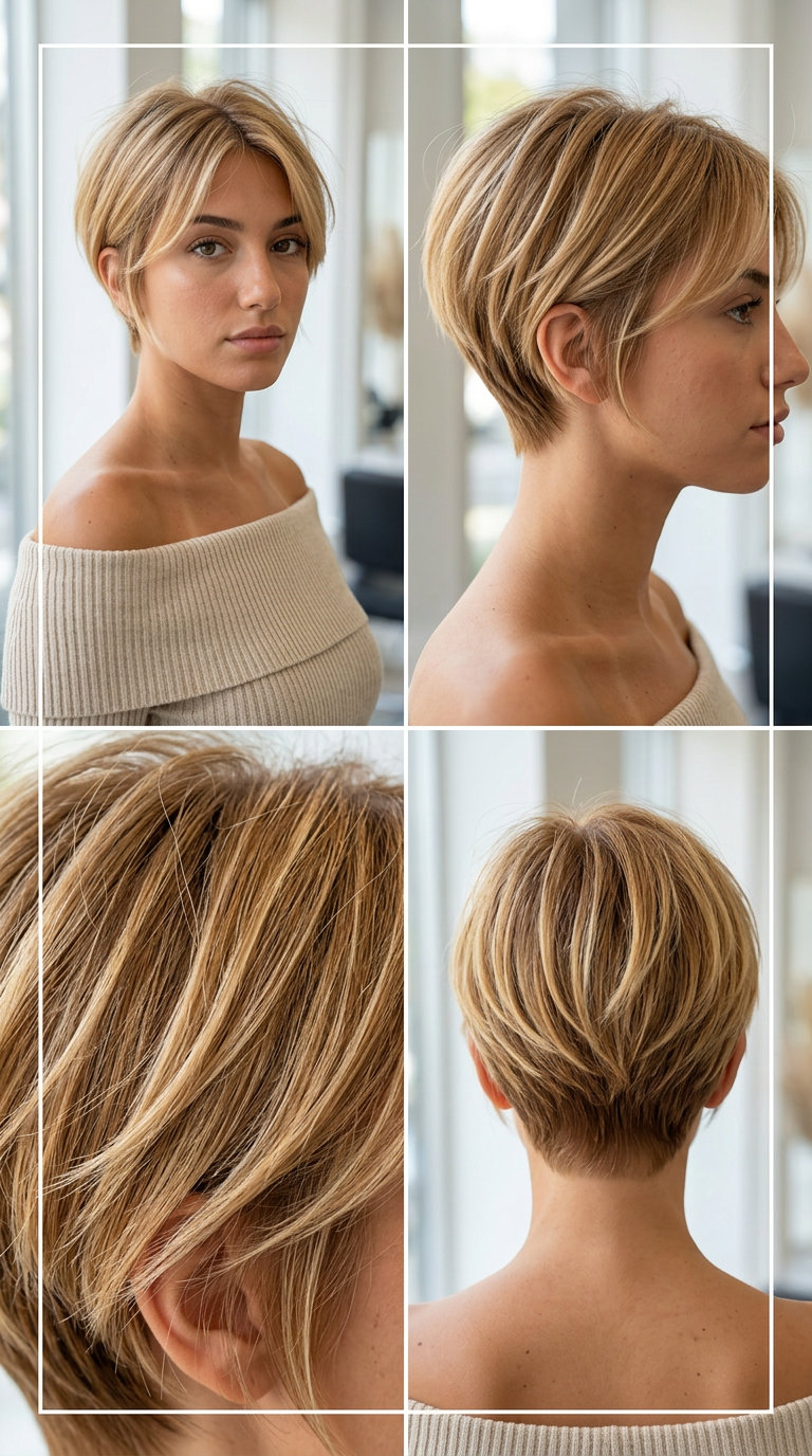 short pixie haircut with warm golden blonde, honey babylights, wispy fringe — effortless chic