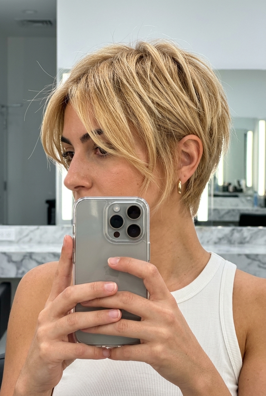 short pixie haircut in warm golden blonde with honey babylights, razored textured layers for a playful look — effortless and sun-kissed