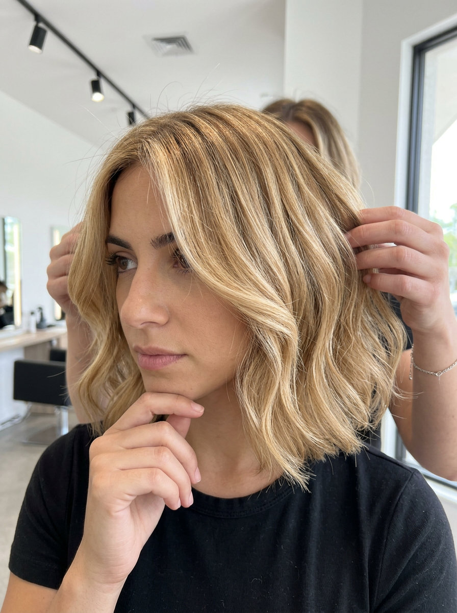 shoulder-length golden blonde bob haircut with creamy highlights, soft face-framing layers for a retro vibe