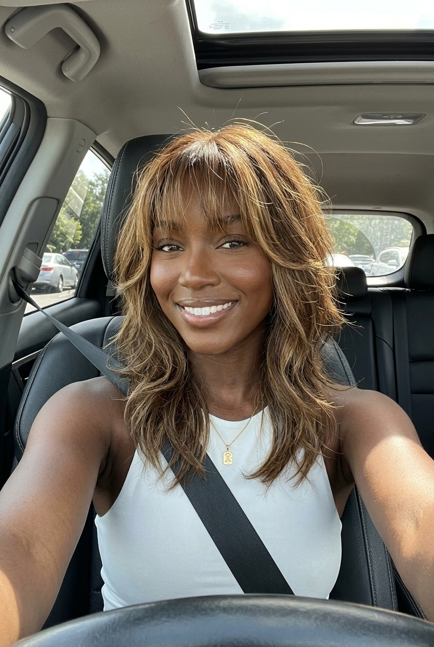 shoulder-length wispy bangs shag haircut in golden blonde balayage with caramel for bohemian style