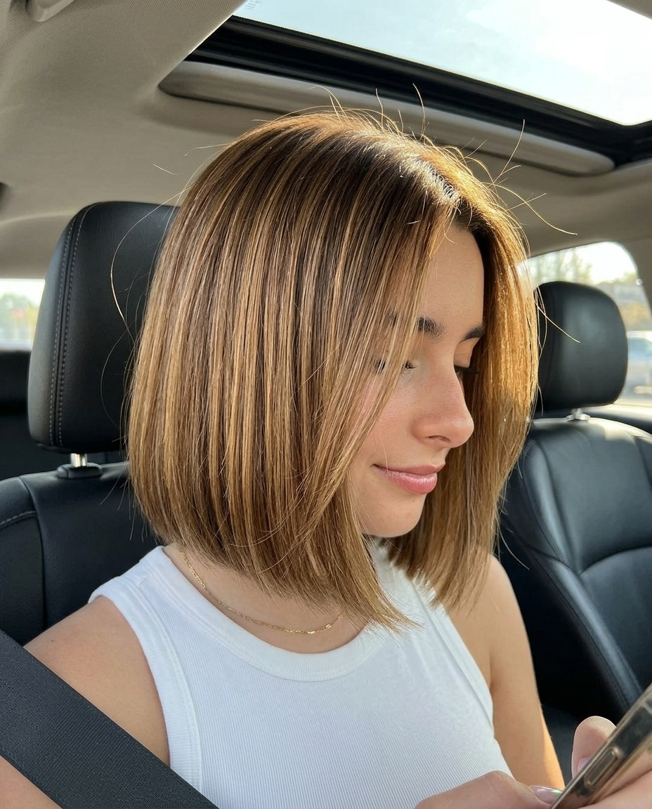 chin-length golden brown bob with caramel micro-lights and a deep side part for luxury