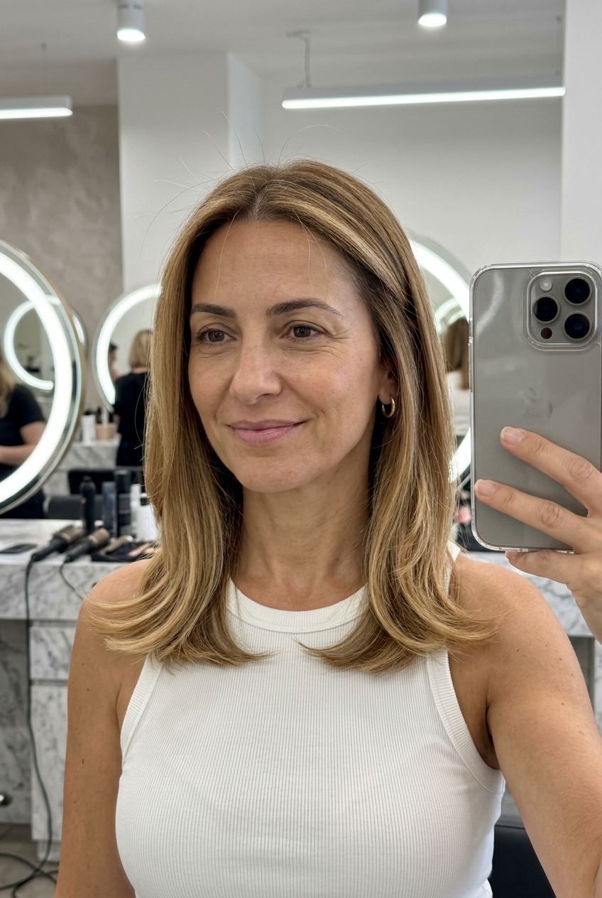 Midi-Flick Balayage: Summer Haircut 2026 shoulder-length haircut in golden blonde and caramel balayage on medium brown, subtle internal layers and blunt ends — playful summer look 2026