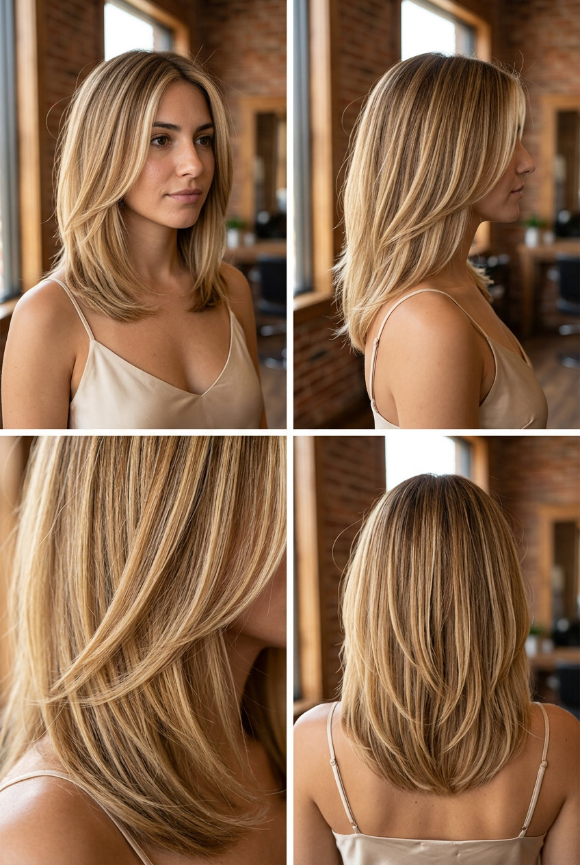 medium haircut in golden honey blonde with caramel ribbons, long subtle layers — soft effortless waves